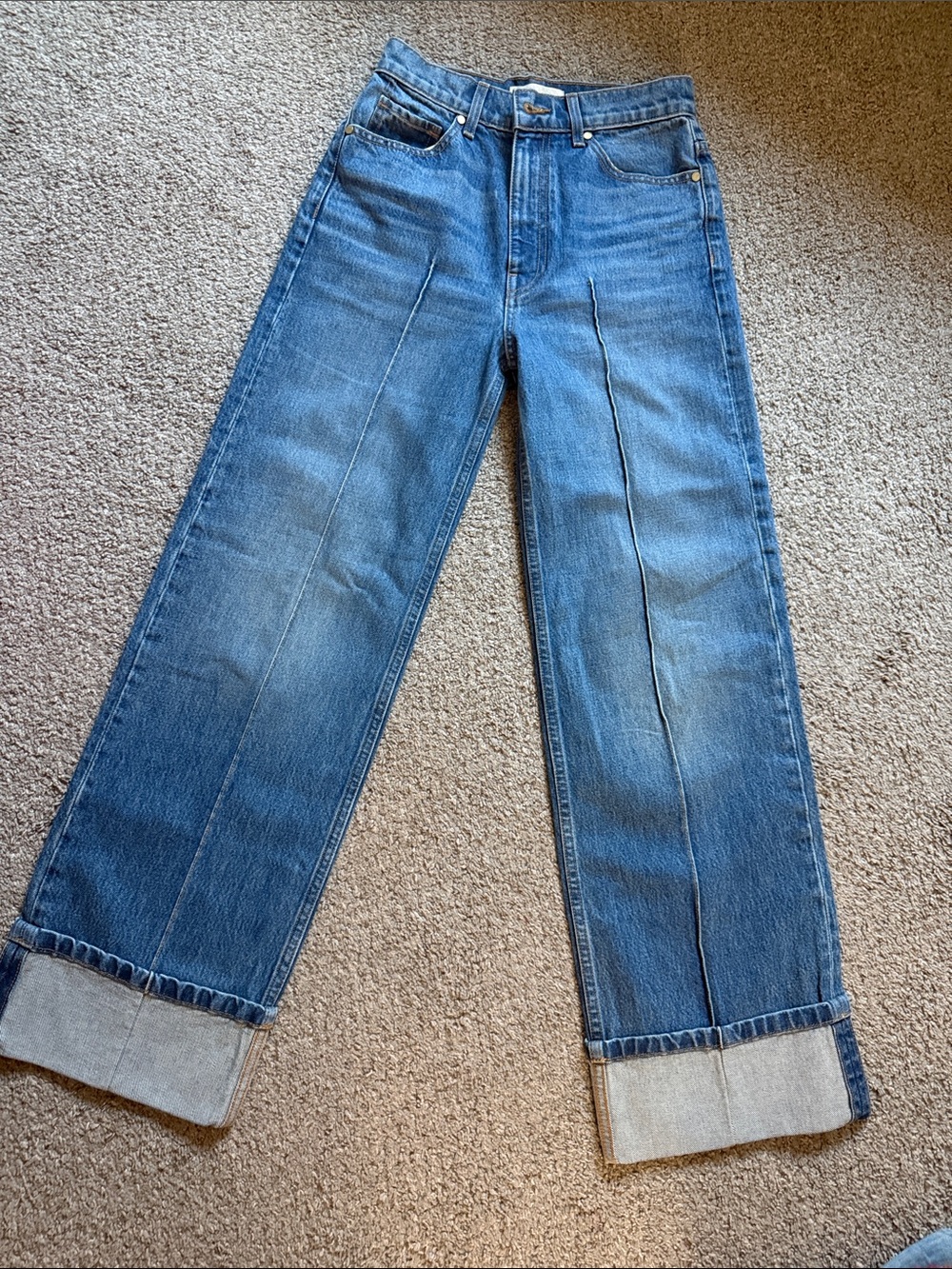 Ulla Johnson Mid-Blue Wide Leg Cuffed Jeans - Picture 1 of 7